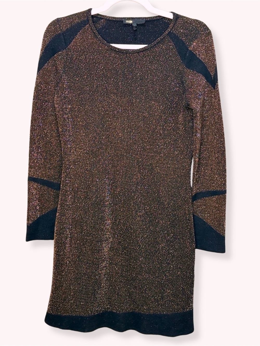 Maje Bronze Metallic Knit Long-Sleeve Mini Sweater Dress